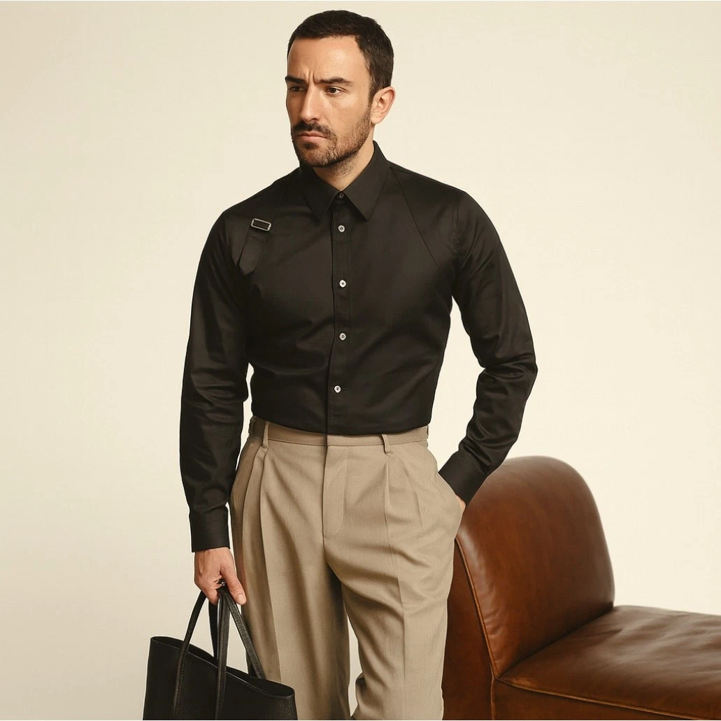 Alexander McQueen — ALEXANDER MCQUEEN Buckle Detail Button Down Shirt Black Sz 54/XXL $645 {3E54}