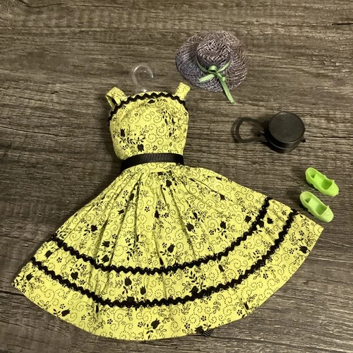 Vintage Barbie Size 1960s Outfit Set - Green Day Dress & Accessories
