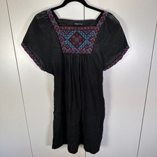 Madewell Womens Med Embroidered Black Linen Dress Bohemian Short Sleeve Pockets