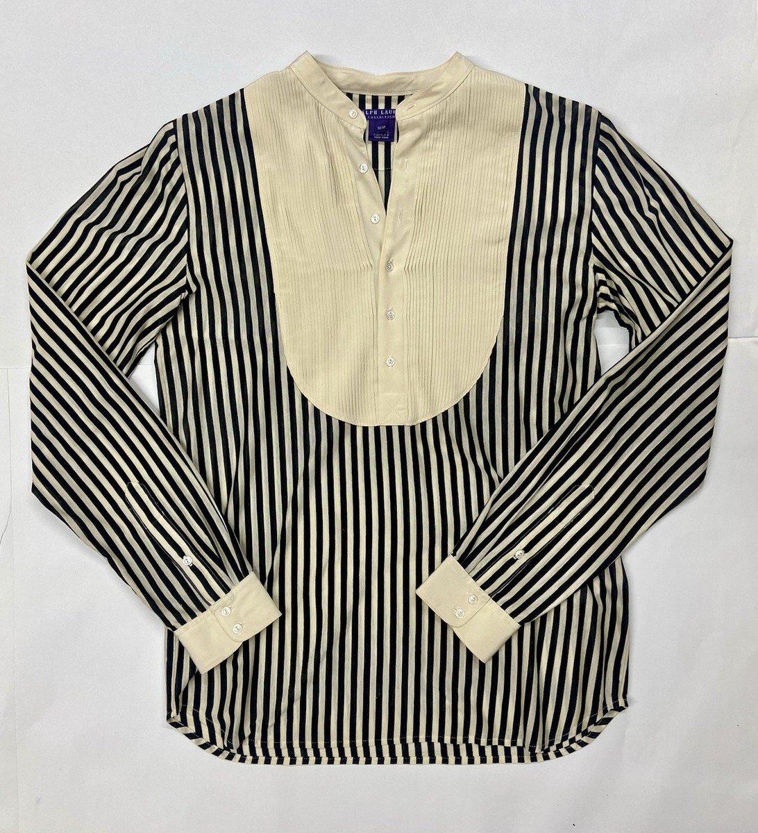 Ralph Lauren Purple Label Women’s Black Cream Striped Tux Dress Shirt,  Medium