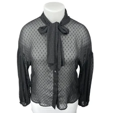 H&M Black Polka Swiss Dot Sheer Tie Neck Long Sleeve Button Up Blouse Top Sz 14