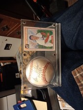 Bob Feller Signed Baseball and Card In Display Case 1983 Cleveland Indians