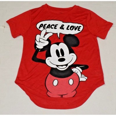 Vintage Mickey Mouse T-Shirt Size M Y2K Peace Love Big Mickey Red Poly Rayon