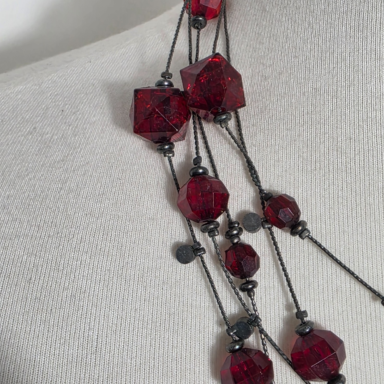 Multi-Strand Tiered Necklace Ruby Red Faceted Bea… - image 3