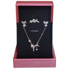 925 Sterling Silver CZ Bow Jewelry Set Necklace Earrings Adjustable Ring NWT