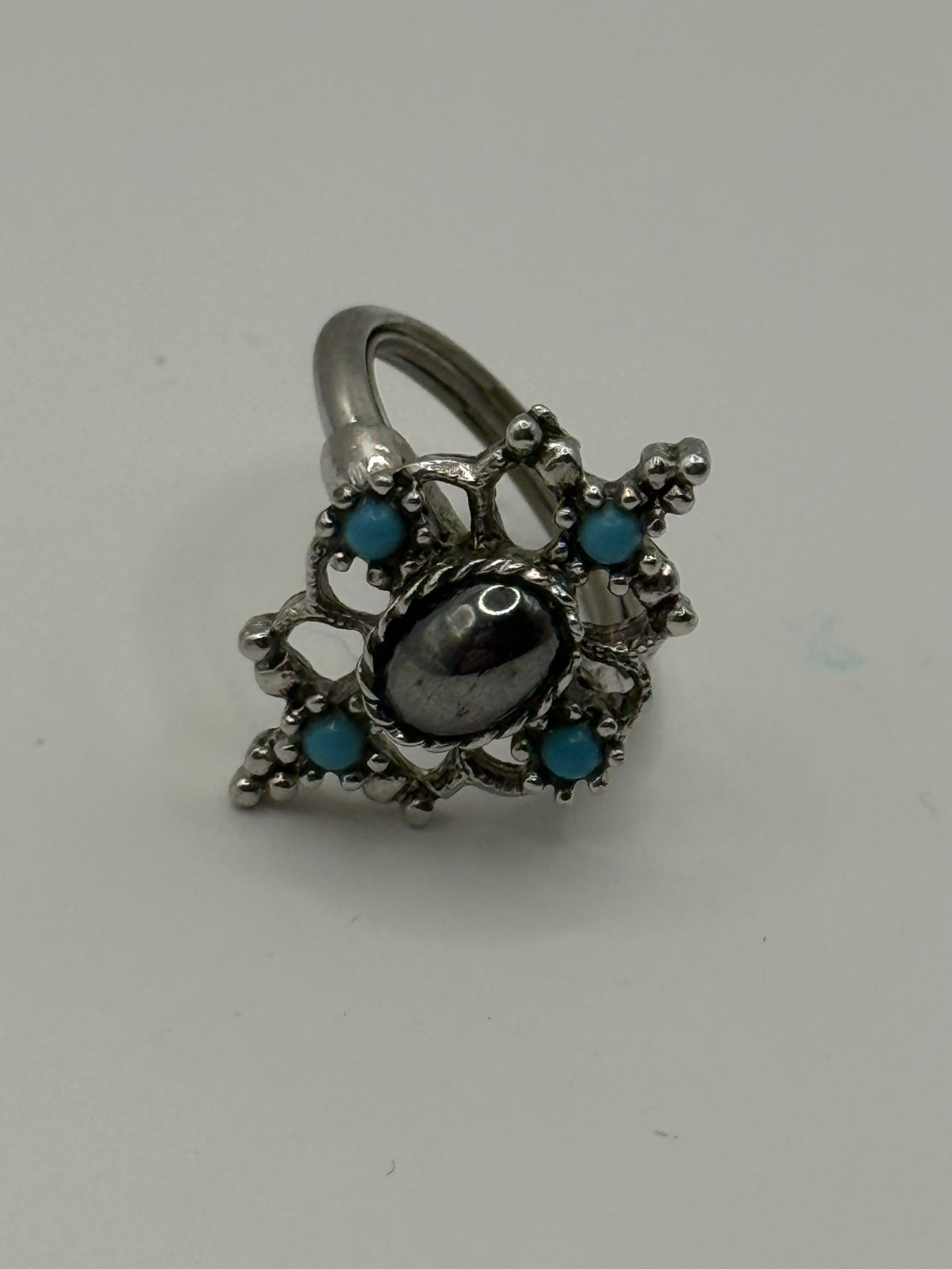 Vintage Avon Ring Mirabella Faux Hermatite Turquoise Silver Tone Sz Adj 6.5