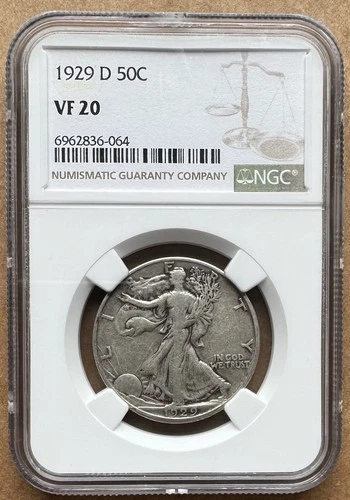 1929 D 50C NGC VF 20 1929-D WALKING LIBERTY HALF DOLLAR SILVER 50c