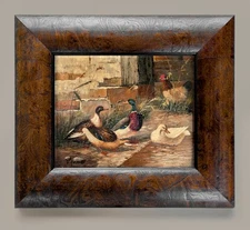 Original 19th c Antique OIL PAINTING Mallard Duck Chicken LANDSCAPE Signed FRAME