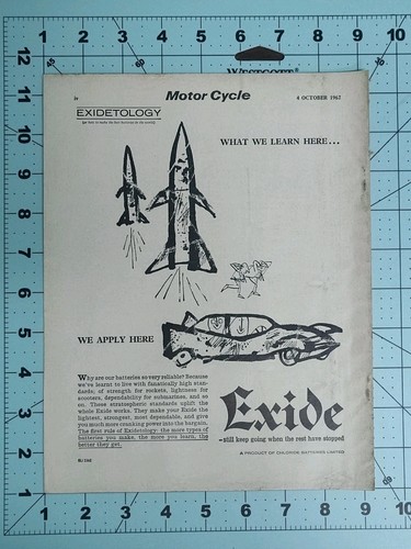 Vintage 1962 The Motor Cycle Ad Exide Rocket Space Age Nobel 200 Microcar BSA