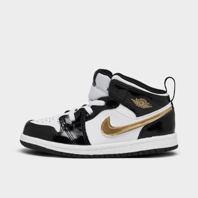 Jordan 1 Mid Patent Black White Gold Little Kids Sizes 9c, 10c
