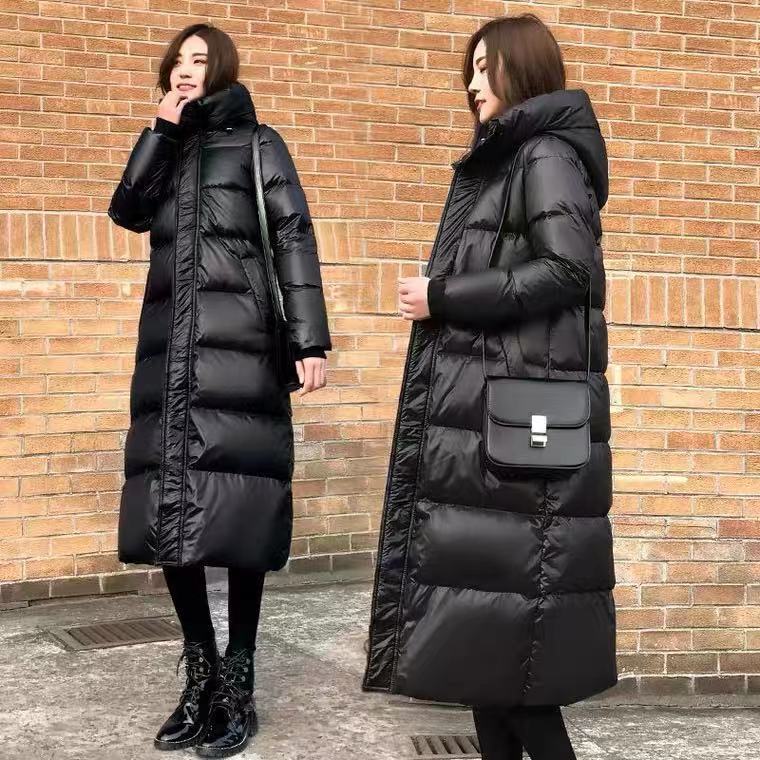 Women Winter Long Line Parka Black Quilted Coat Hooded Ladies Warm