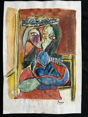 picasso painting on old paper signed stamped vintage