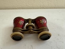 Antique Likely French Opera Glasses Binoculars w/ Red Enamel  Floral Decoration