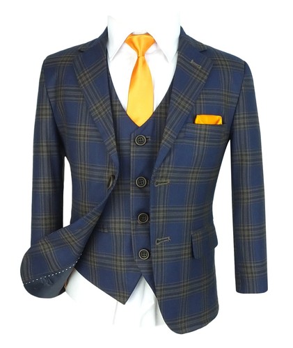 Boys Navy and Gold Brown Formal Checkered Suits Kids Wedding Prom Check Suits - Picture 3 of 6