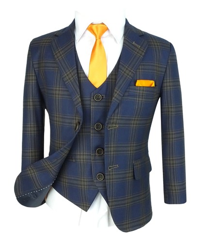 Boys Navy and Gold Brown Formal Checkered Suits Kids Wedding Prom Check Suits - 第 1/8 張圖片