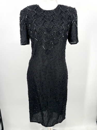 J.M.C Vintage Black Dress Size S Sequin Beaded 100% Silk Evening Formal Cocktail
