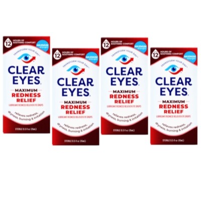 4 Pack Clear Eyes Maximum Strength Redness Relief Eye Drops 0.5Oz Each