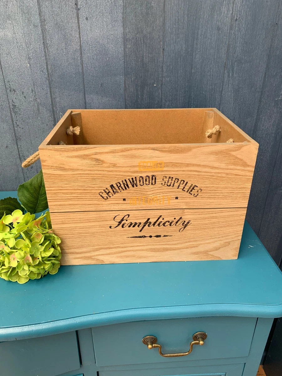 Retro Rustic Shabby Chic Wooden Storage Box with Rope Handles Large