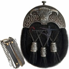 Scottish Kilt Original Black Skin Full Dress Sporran Highland Cow Cantle .