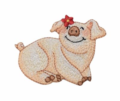 Smiling Farm Pig - Piglet/Red Daisy/Flower - Iron on Applique