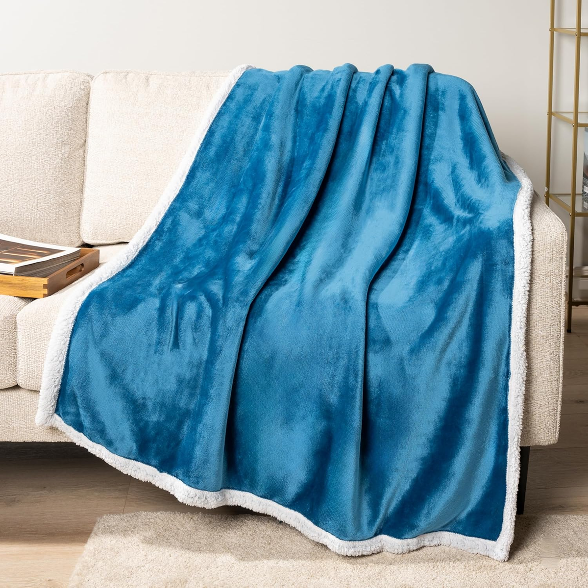 Sherpa Fleece Throw Blanket for Couch, Teal Blue, Plush Soft Fuzzy