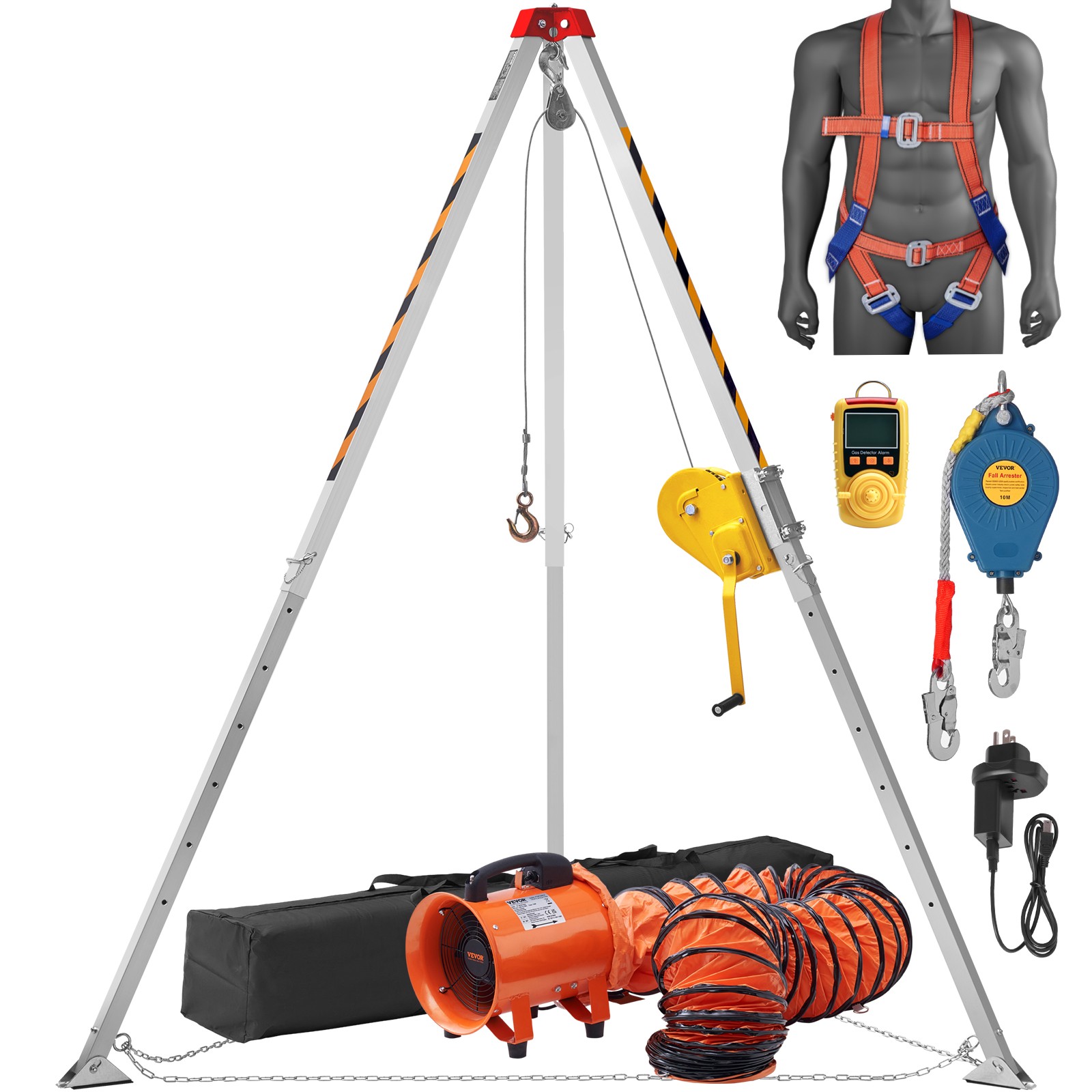 VEVOR Confined Space Tripod Kit Rescue Tripod 2600lbs w/Blower,Gas Detectorforar
