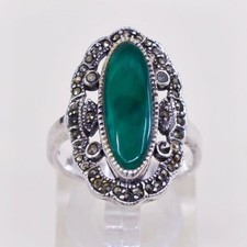 Sz 7.75, Sterling Silver handmade Ring, 925 Silver W/ Emerald n marcasite
