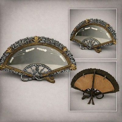 Vintage Jugendstil blau Messing durchbohrt Schminktisch Tischplatte Ventilator Spiegel