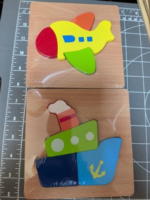 Wood Puzzle Preschool Toddler Infant 4 Piece Airplane Steam Boat Transportation 