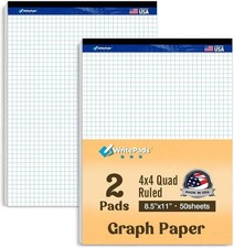 Graph Paper Pads 8.5 X 11, 4x4 Quad Ruled Graph Paper, 2 Pack, 50 Sheets Per Pad