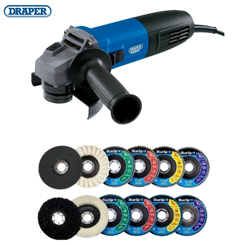 Draper Angle Grinder 115mm 850W With Sanding & Polishing Flap Discs Set