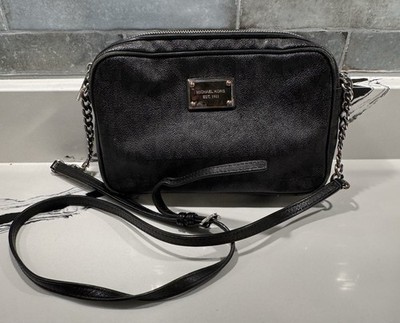 Michael Kors Black Leather Crossbody Camera Bag Chain Strap Zip Purse 