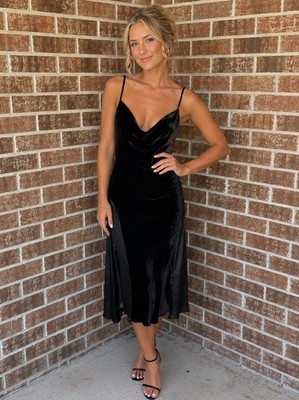 Philip Decaprio Black Velvet Sleeveless Draped Neck Asymmetrical Midi Size S
