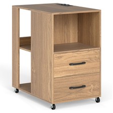 End Side Table Rolling Nightstand with Storage Drawers-Natural
