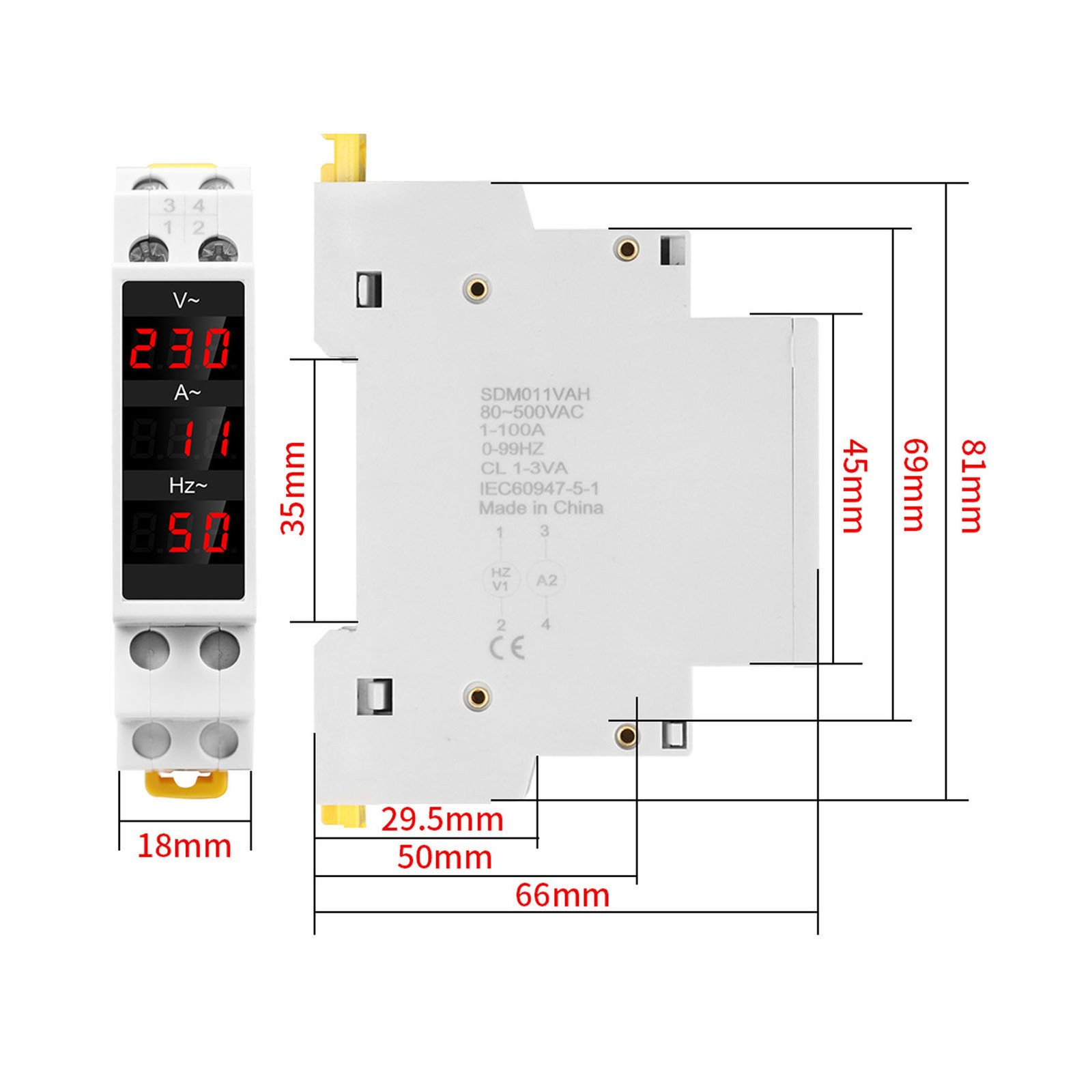 °Multifunction Volts Amps Meter Digital Display Energy Meter DIN Rail Mounted