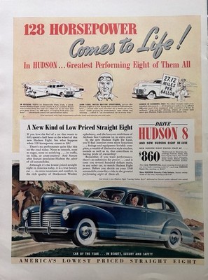 1940 Hudson 8 Blue Car 128 Horsepower Original Vintage Print Ad Wall Art Decor