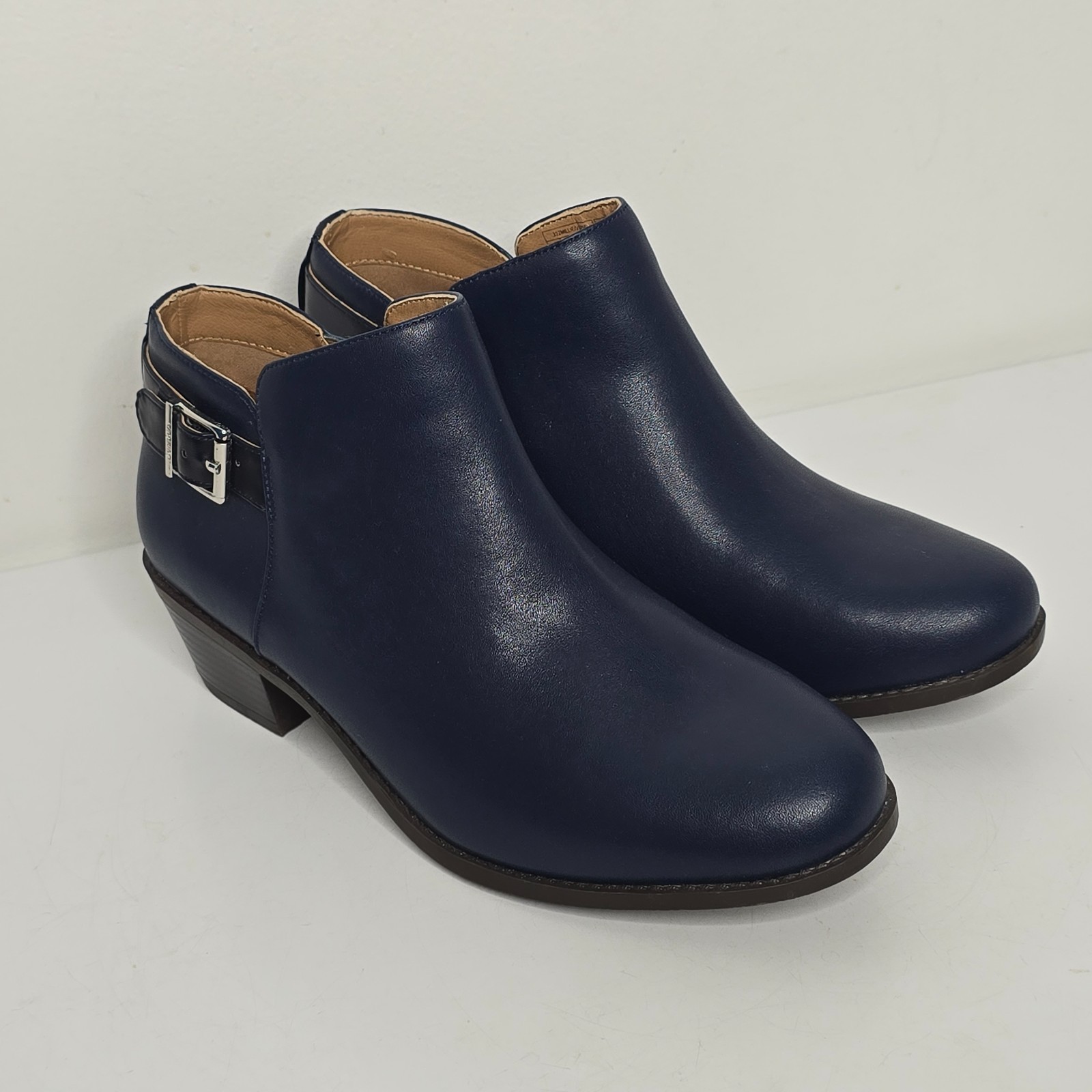 Vionic Millie Women’s Leather Ankle Boots Size 9 Wide Navy Blue Low Block Heel