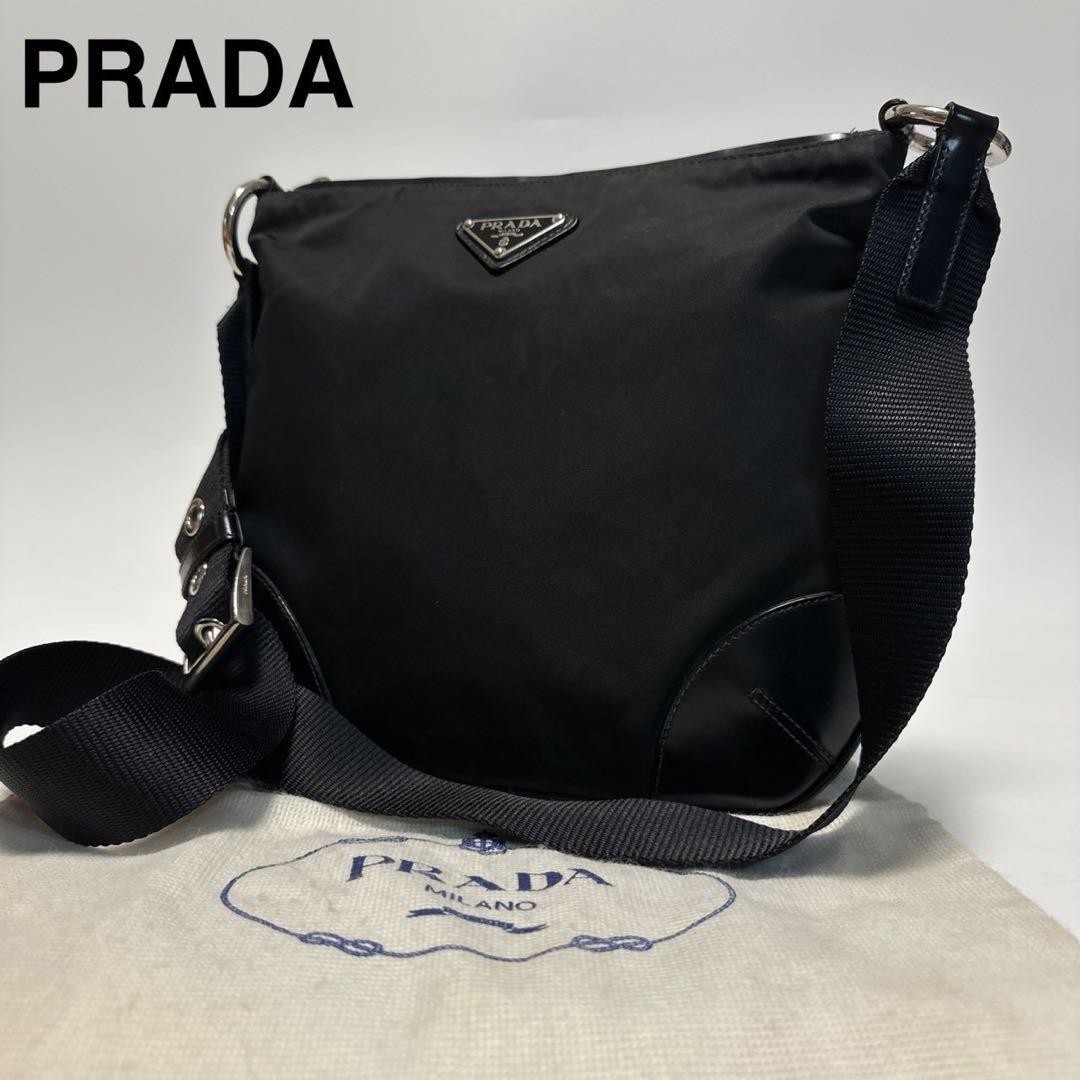 Prada O08 Black Nylon Leather Shoulder Bag Vintage Authentic