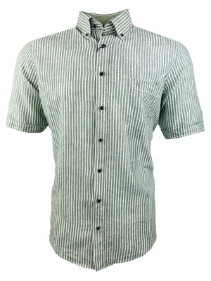 Casa Moda Short Sleeve Casual Fit Linen Shirt Green Stripe