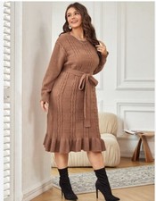 Shein 1X Ruffle Hem, Cable Knit Belted Sweater Dress in A Coffee Brown Color