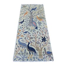 2'7"x6'3" Green Birds of Paradise Design Hand Knotted Soft Wool Runner Rug 21650