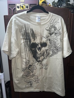 Vintage Y2K Affliction Tattoo Skull And Dragon Cream Shirt Delta Size Large