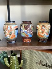 Vintage Japanese Oriental Satsuma Immortal Vases Mid Century Japan Handpainted