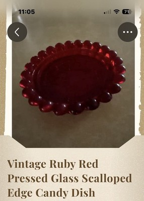Unmarked Vintage Ruby Red Pressed Glass Oval Scalloped Edge Candy Dish