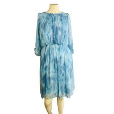 Elie Tahari Silk Dress Size S Blue Split Sleeve Pleated Lightweight Lined