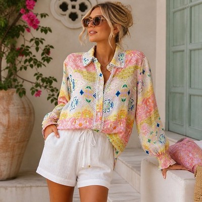 Cynthia Rowley   1X Pastel Tile Print Button Up Boho Resort Blouse NWT