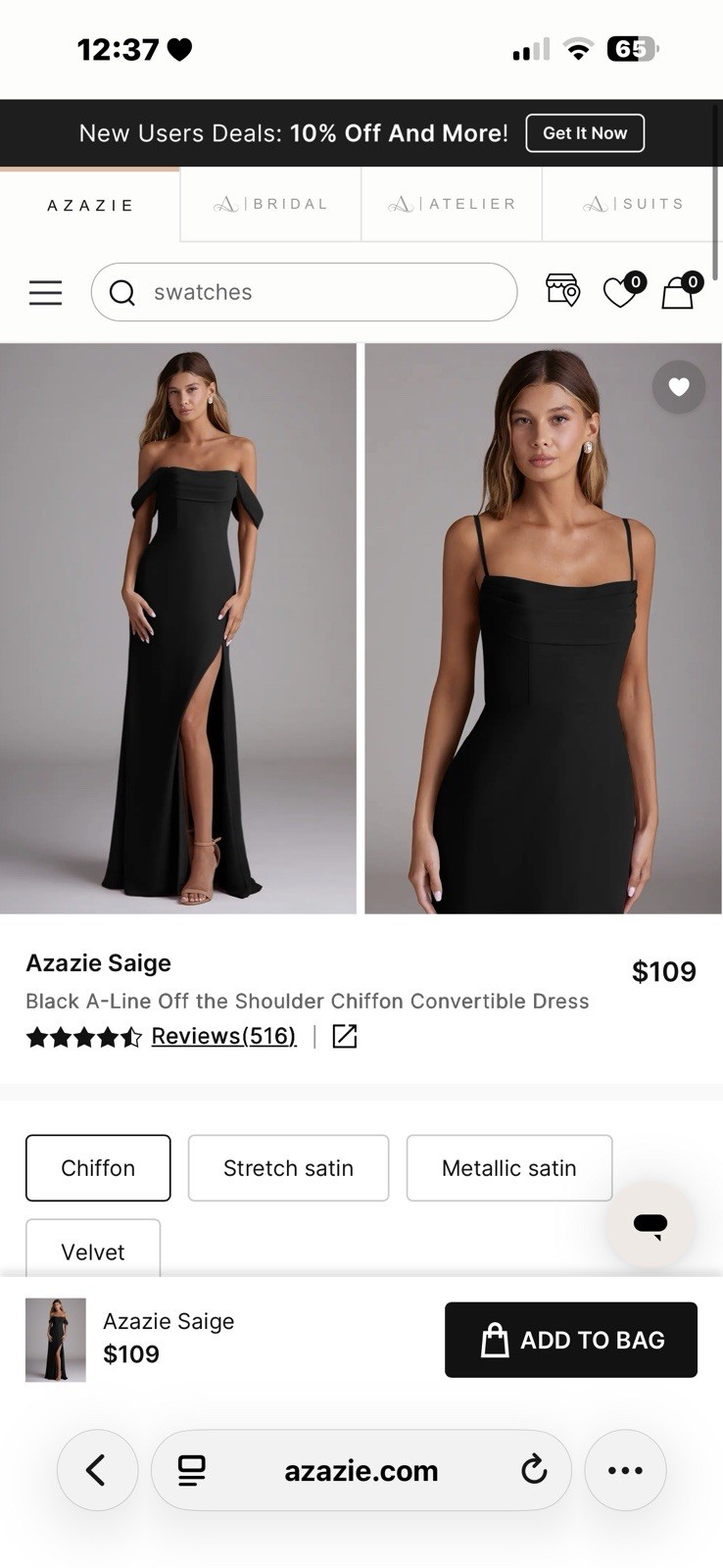 Azazie Saige Black Chiffon Off Shoulder A-Line Long Gown Convertible Slit
