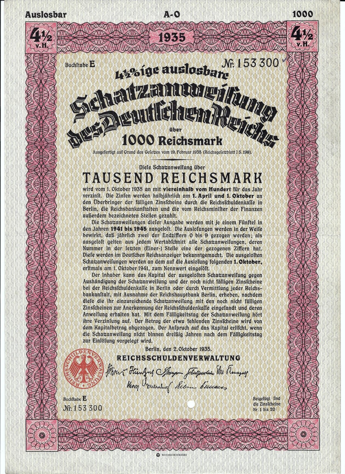 GERMANY BOND 1000 REICHSMARK 1935 UNC MIXED SERIALSBOND ISSUE  OF THE REICHSSCH