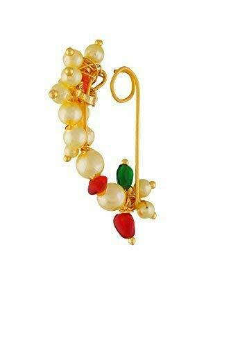 Traditional Maharashtrian Nose ring without piercing Pearl Gold Plated Nath Clip - Picture 2 of 2