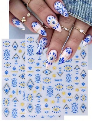 Evil Eye Nail Art Stickers Decals Self-adhesive Greek Style Blue Gold Nail Decor